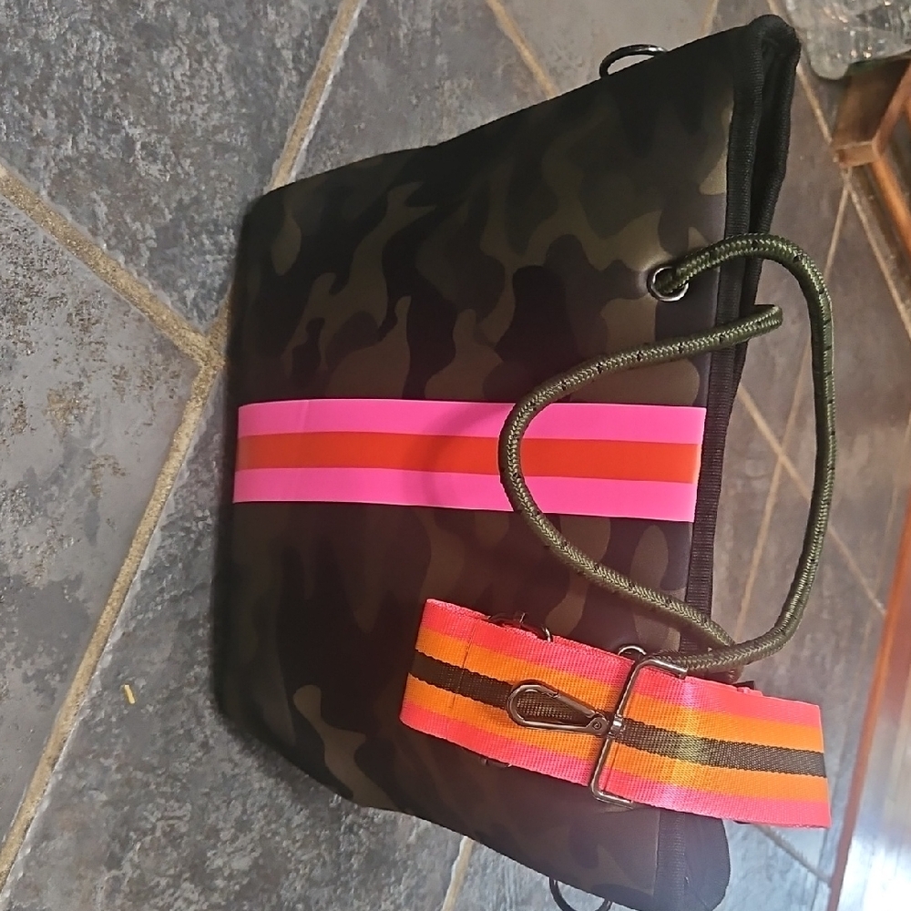 HAUTE SHORE Green and Pink Tote Bag with Vibrant Stripes